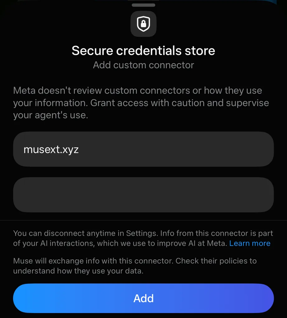 Muse's secure credentials store with a field for the key